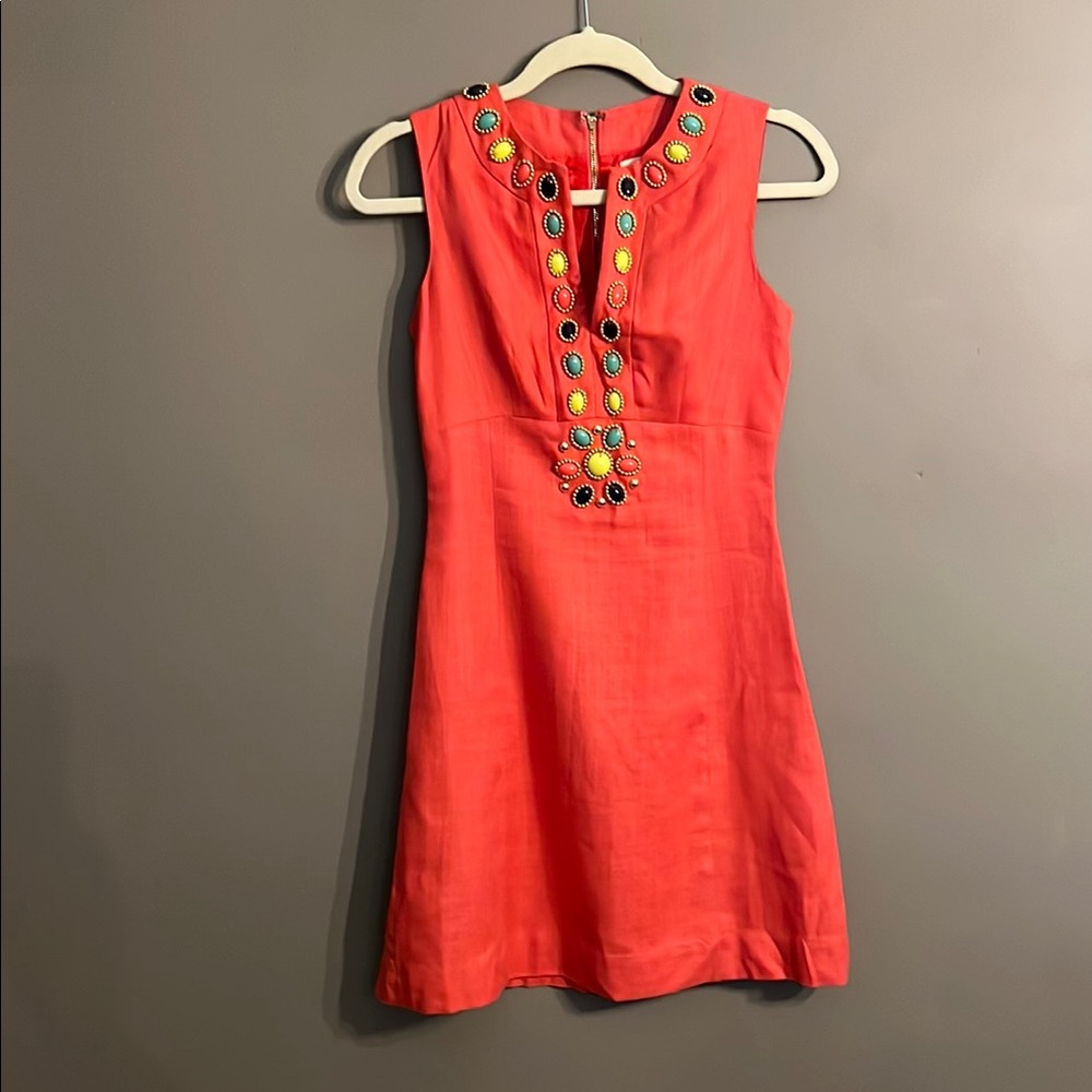 Kate Spade Edith Peach Embellished Mini Linen Blend Sundress